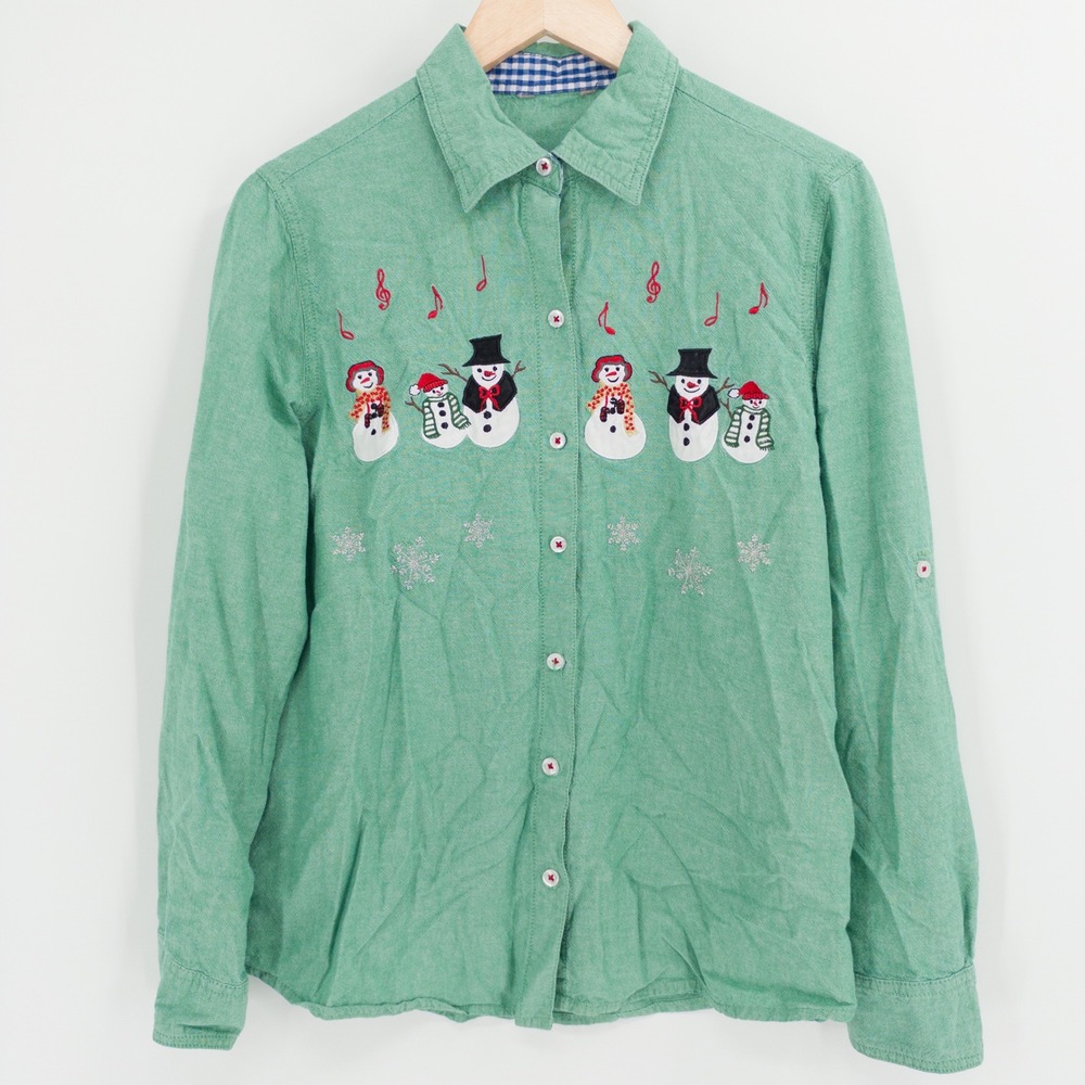 Vintage Christmas Button Down Women M Green Snowman Embroidered Retro 90s Granny